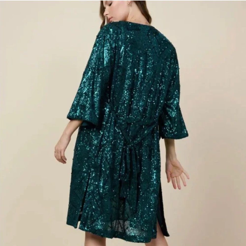 NWT Skies Are Blue Belted Sequin Duster in Hunter Green XS/S